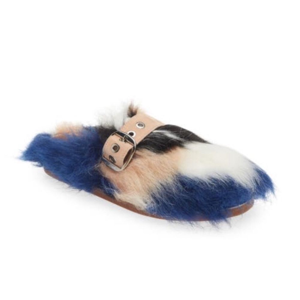 Jeffrey Campbell Rlxathome Faux Fur Mule Slide Slipper in Beige Blue Combo - Picture 15 of 16